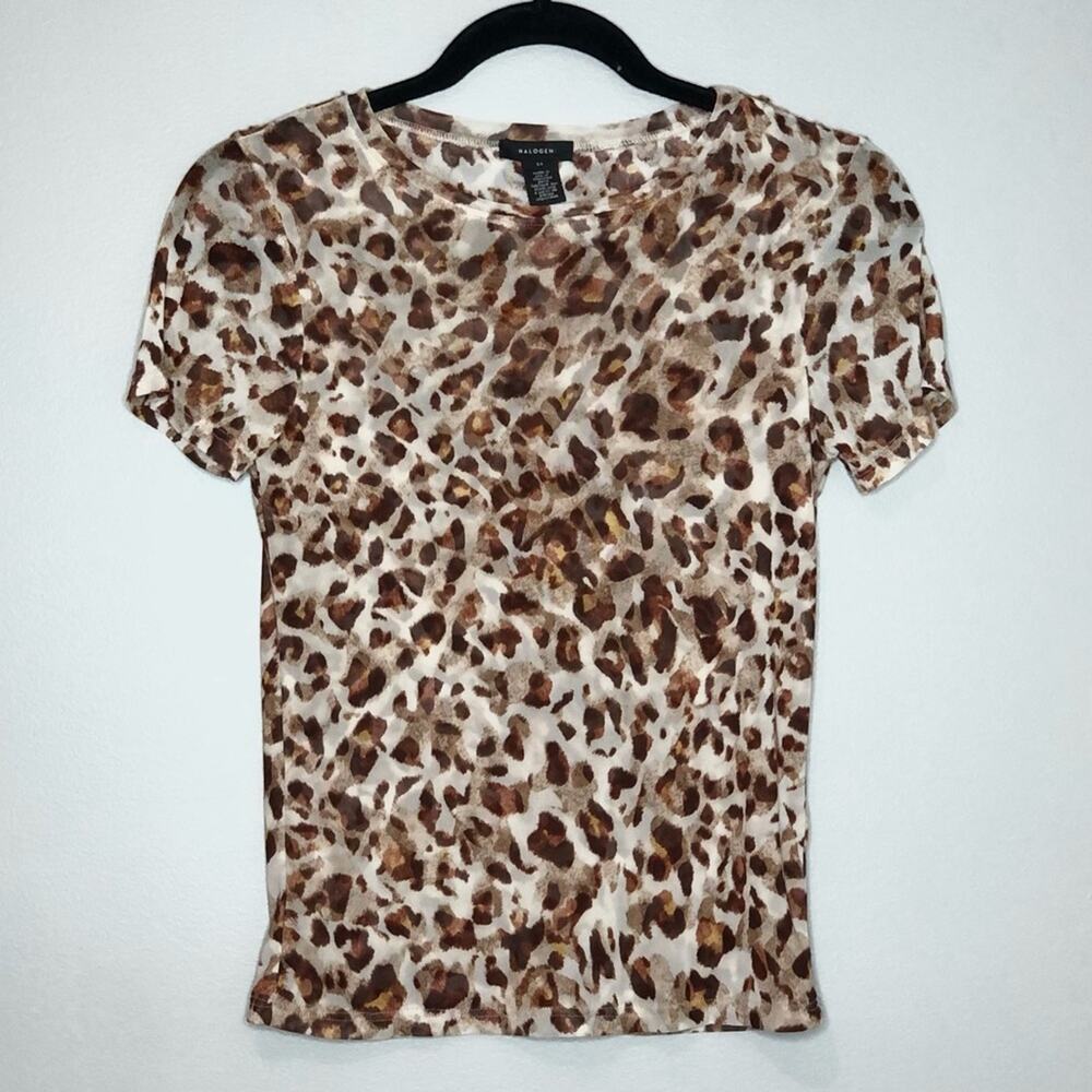 Halogen Semi Sheer Mesh Cheetah Print Short Sleeve Stretch Top Size XSmall